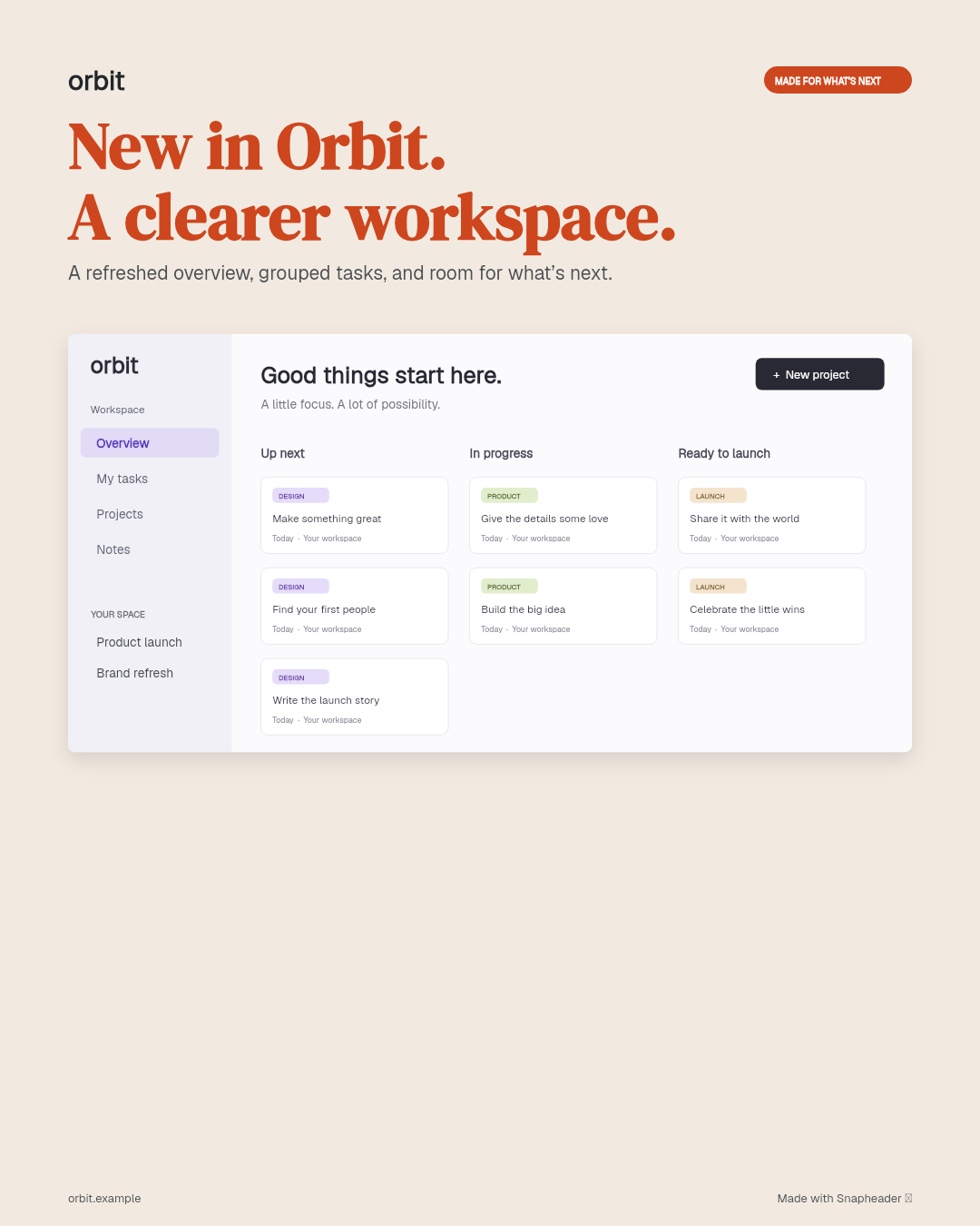 Changelog example for fictional product Orbit: New in Orbit. A clearer workspace.. Portrait format.
