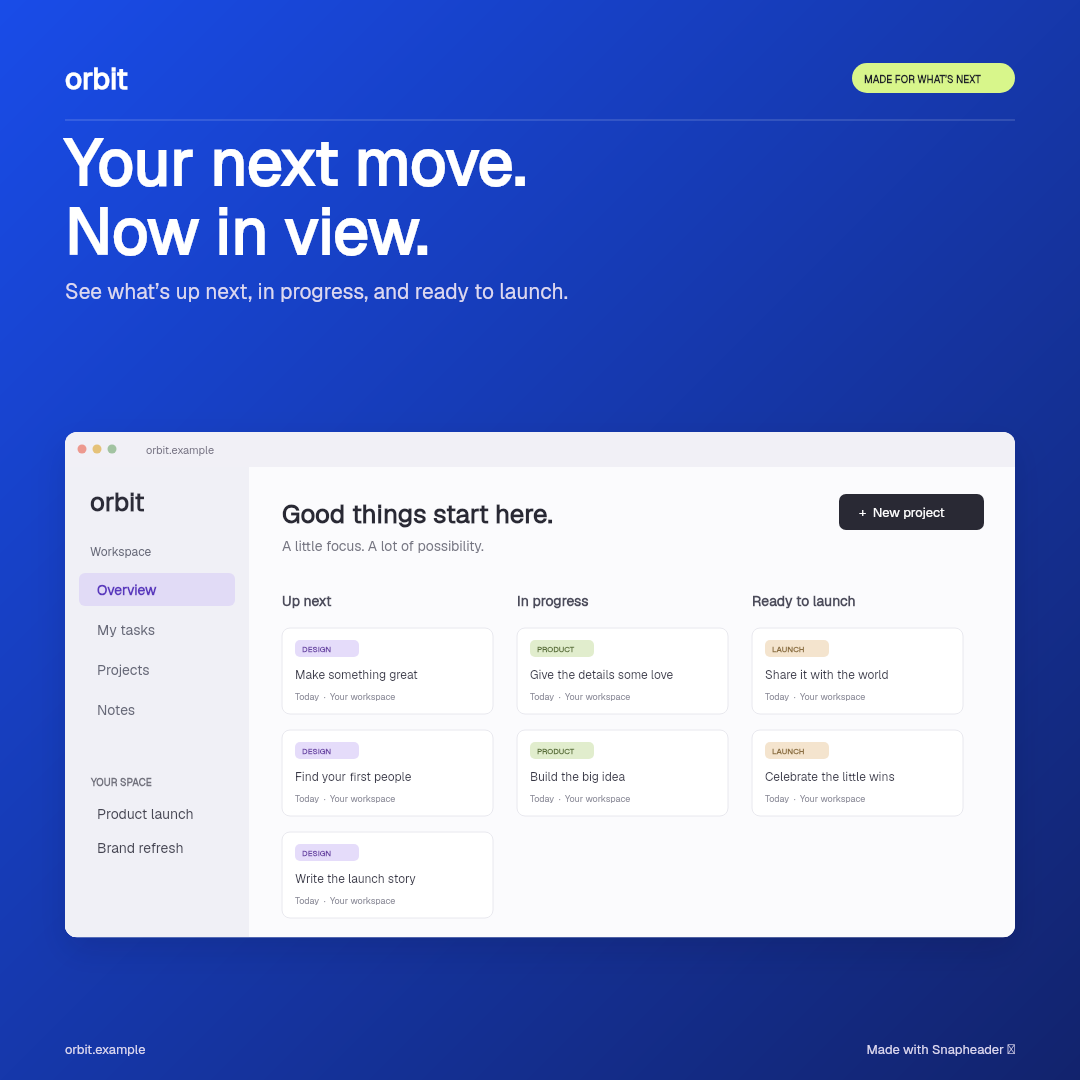 Feature announcement example for fictional product Orbit: Your next move. Now in view.. Square format.